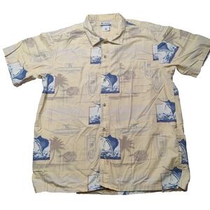 COLUMBIA Men XL Pale Yellow Cotton Tropical Boat & Sailfish‎ AOP Shirt